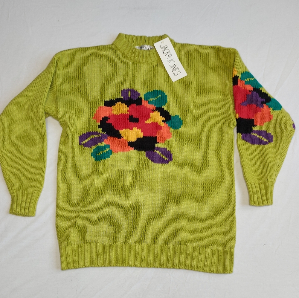 Jack & Jones Vintage 80s Knit Green Floral Pop Art Womens Sweater, Medium, NWT